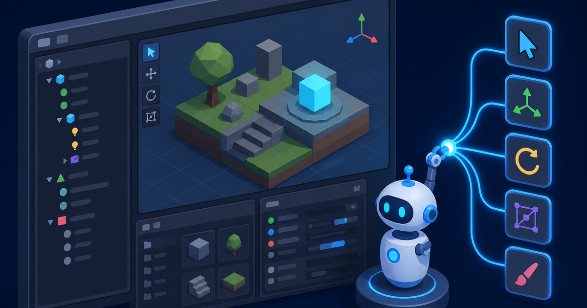 Illustration of a game editor workspace connected to an AI helper through tool links