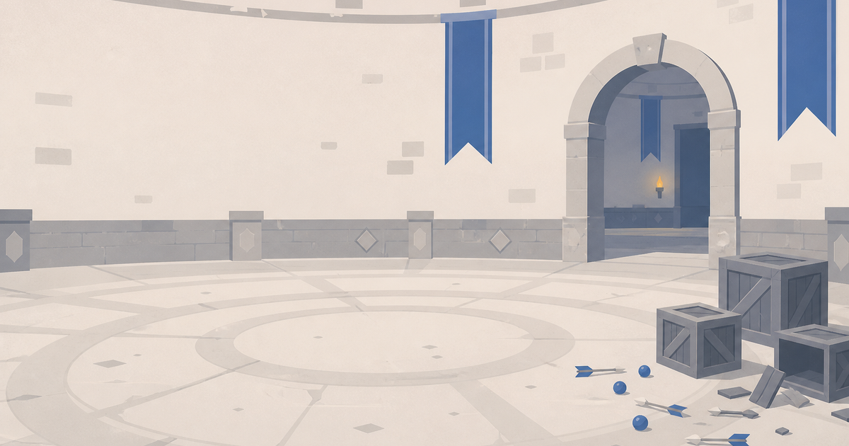 Empty arena with scattered crates and leftover projectiles by an open doorway
