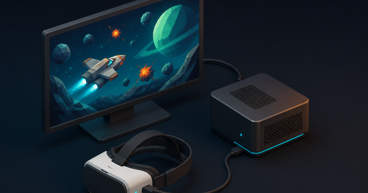 A VR headset beside a monitor showing a Godot game running on an ARM Linux desktop