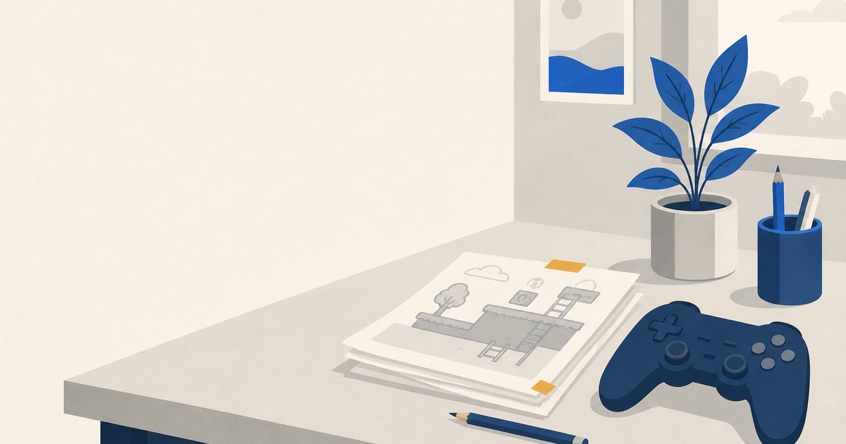A game controller resting on a worktable beside sketches and a small potted plant.