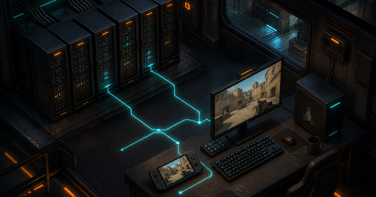 Illustration of a dedicated game server connected to Linux and handheld gaming clients in a control room