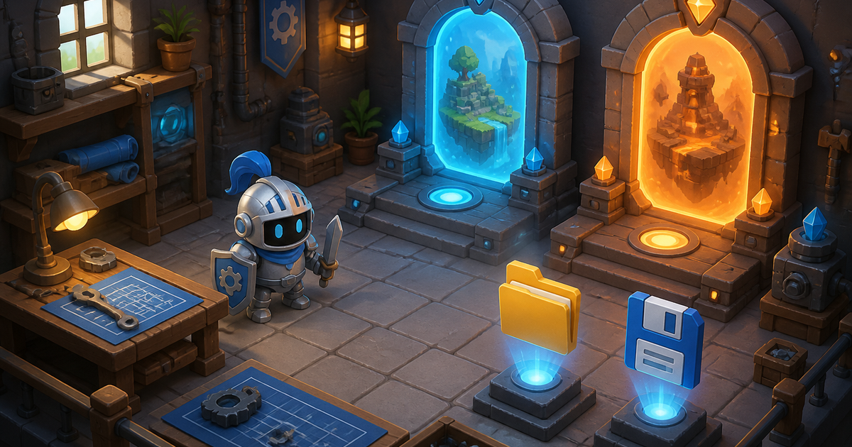 Robot knight standing between two game level portals with a glowing save icon overhead