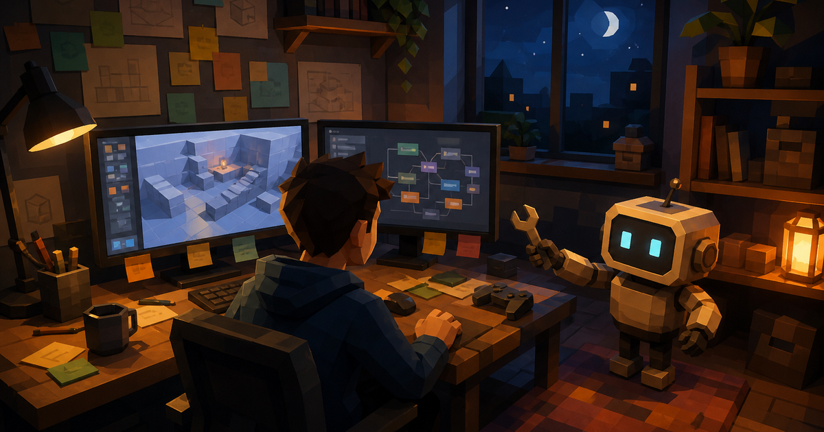 A solo developer working late in a cozy studio while a small boxy robot helper assists beside glowing monitors