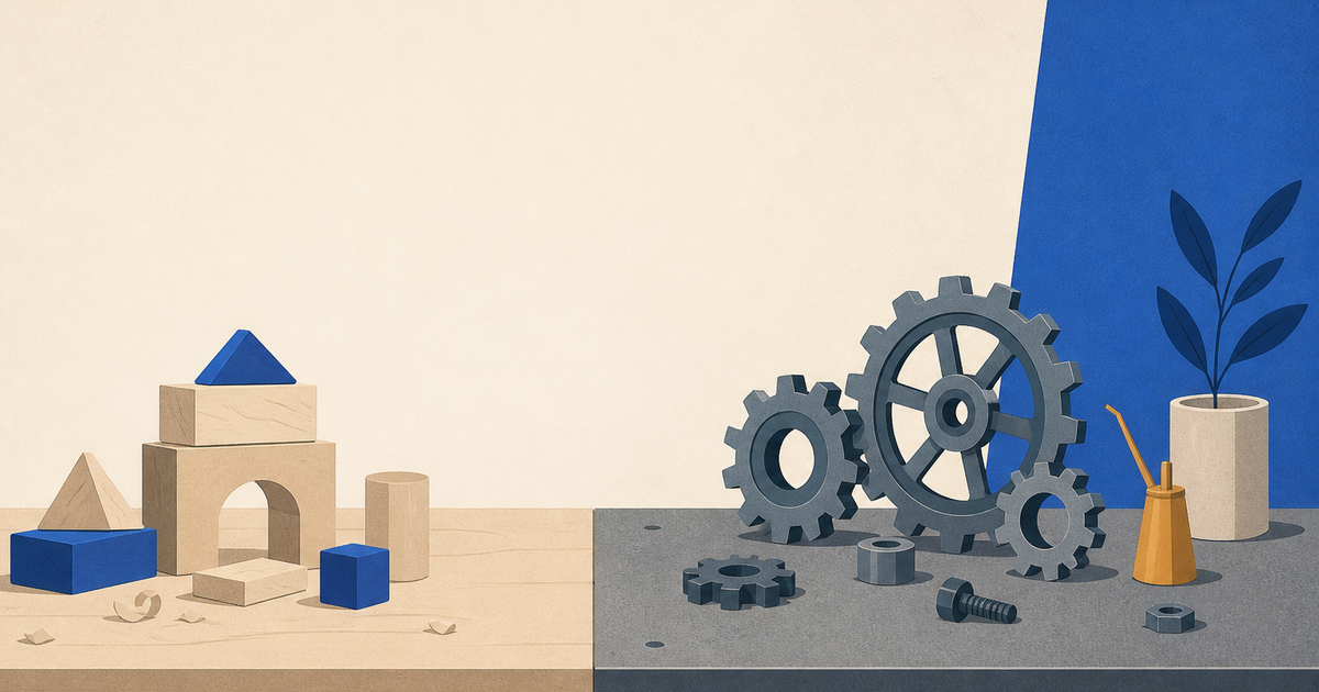Workbench with stacked wooden blocks on one side and metal gears on the other.