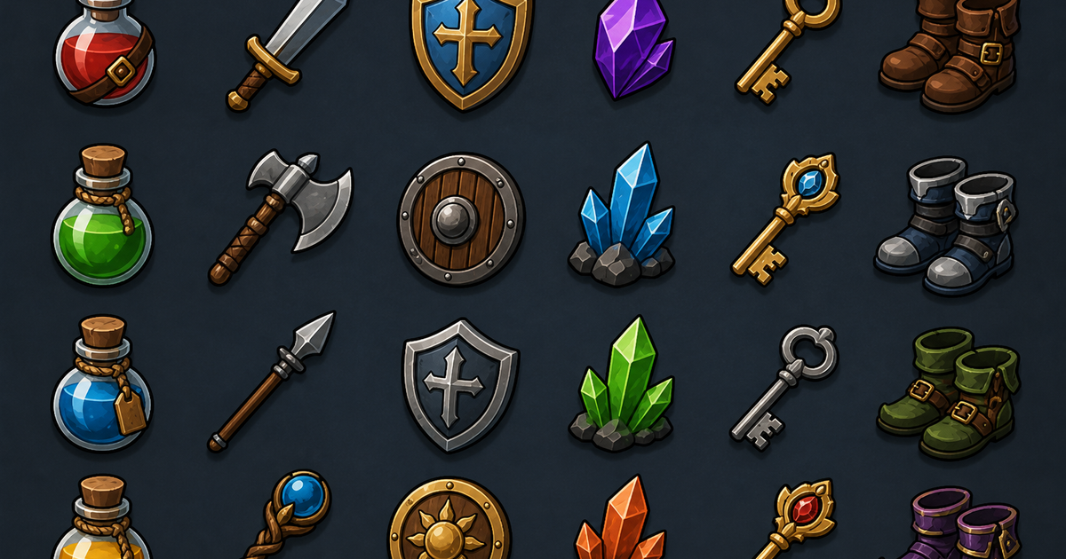 Grid of six matching fantasy inventory icons with a sword, potion, shield, crystal, key, and boots on a dark background